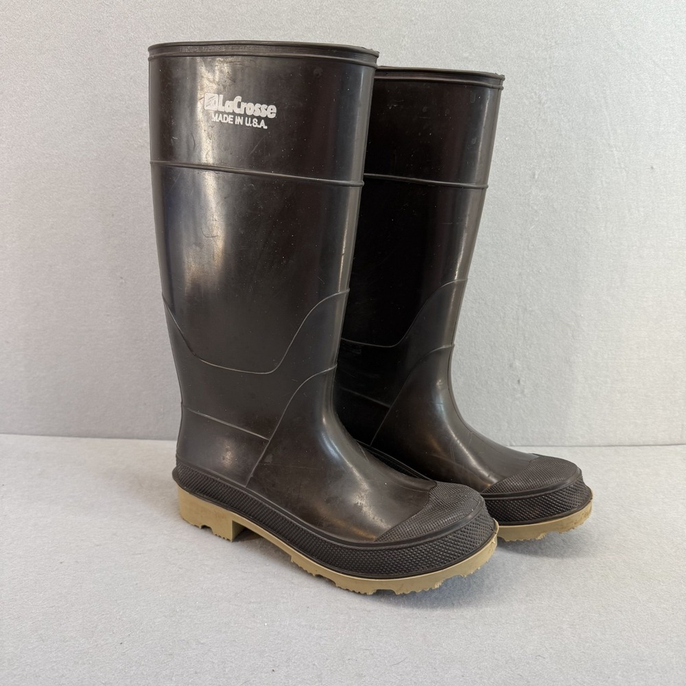 Vintage LaCrosse Rubber Boots‎ Made in USA Black Tan Sole Rain Barn Work Mens 8